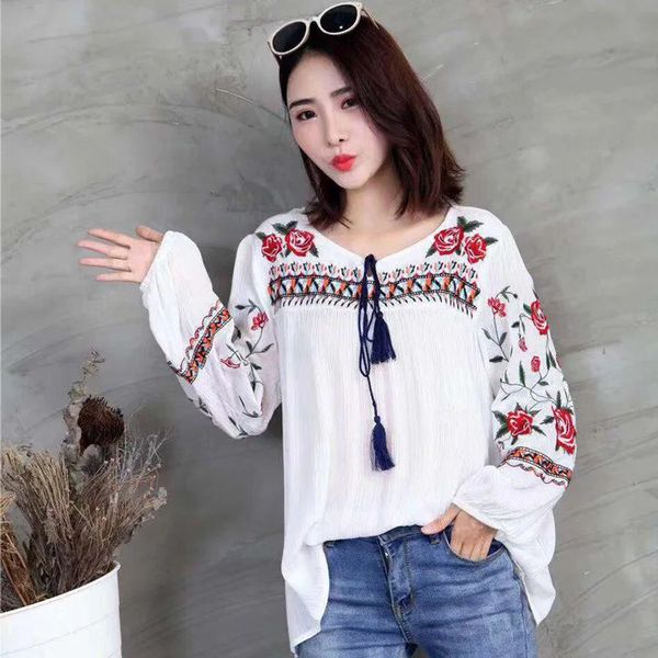 Frühling Herbst Mode Ethnische V-ausschnitt Viskose Floral Stickerei Bluse Frauen Langarm Pullover Shirts Blusen Tops 240102