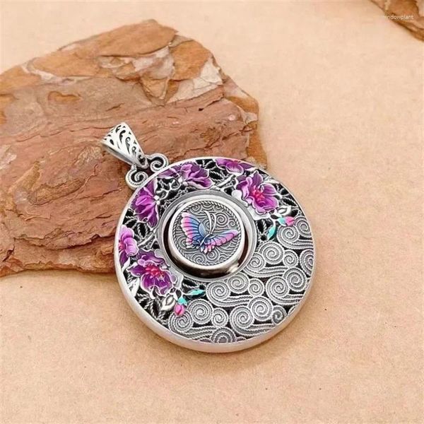 Ketten 925 Silber Archaischer Reim Rosa Lila Blume Schmetterling Anhänger Emaille Runde Halskette Für Frauen Chinesischen Stil Zubehör Schmuck