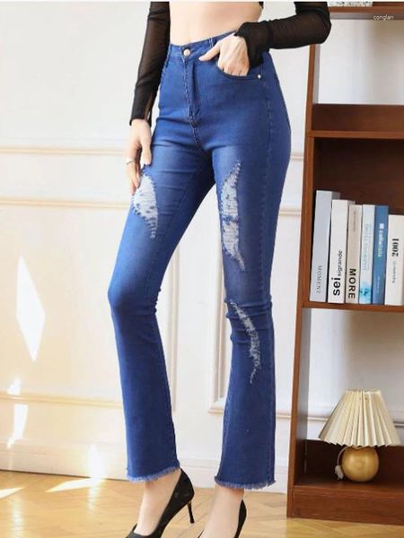 Damen Jeans Freizeit hoch taillierte Denim elastische perforierte Schlaghosen 2024 Frühling modische Kleidung