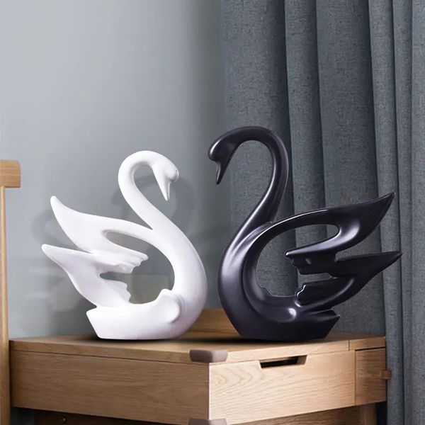 Nordique noir blanc Couple cygne accessoires en céramique maison salon porche Figurines artisanat magasin bureau bureau Sculpture décor 240103
