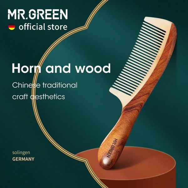 Mr. Green taraklı doğal ahşap boynuz ekleme yapısı ince diş saçı tarak anti-statik kafa akupunktur noktası masaj hediyesi 240102