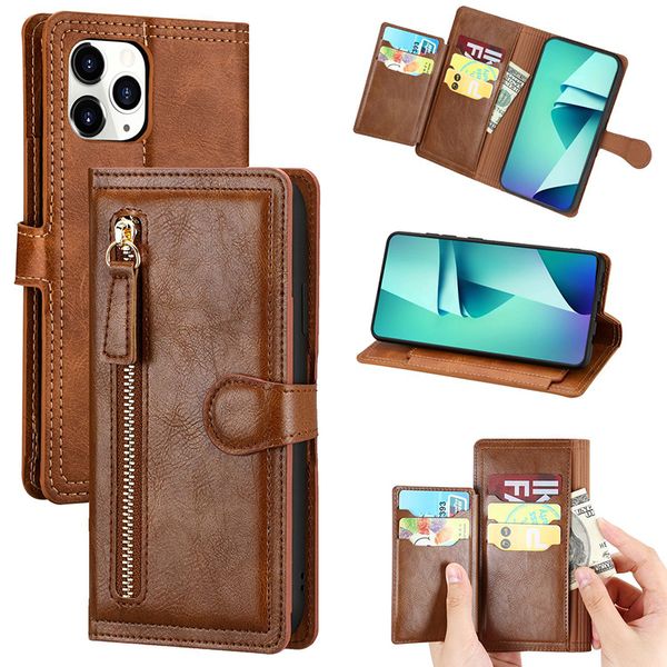 Luxus Leder Reißverschluss Flip Wallet Case Kartenhalter Telefon Stand Cover für iPhone 15 Pro Max 14 13 12 11 XS SE 8 7 6 6s Plus Samsung S24 Note 20 Ultra