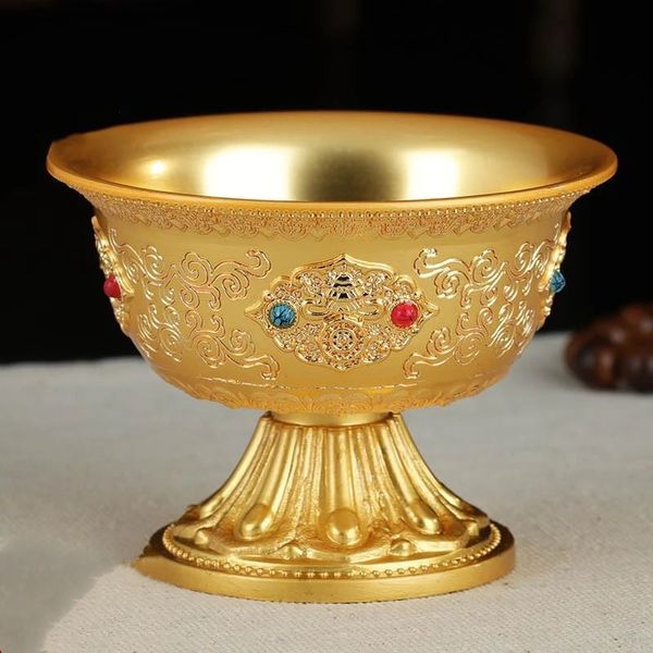 Ciotola del Buddha in rilievo tibetano Artigianato intarsiato Gemma in lega di zinco Oro Tazza per acqua santa Ciotola tantrica Altari interni Desktop decorativo 240103