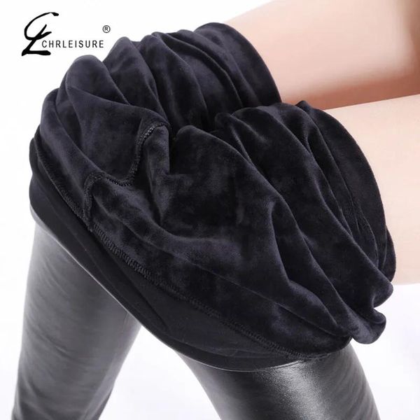 Leggings Chrleisure in pelle invernale leggings Donne con gambe di velluto caldo femme in vita alto e allungamento leggero mujer