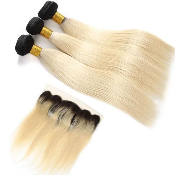 Webt Brasilianisches Reines Gerades Menschenhaar Webart 1B 613 Blonde Bundles Mit Frontal Ohr Zu Ohr Nasse Wellenförmige Menschliches Haar Bundles Mit Frontal