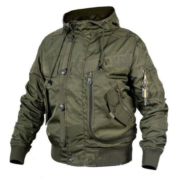 Estilo ao ar livre fã militar com capuz gola safari ma1 jaqueta bomber masculina vôo exército verde y240102