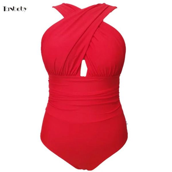 Bademode GroßhandelGroße Badeanzüge Damen 1 Stück Trikinis Cross Cup Badeanzug mit hoher Taille Rot Plus Size Einteiler Badeanzüge