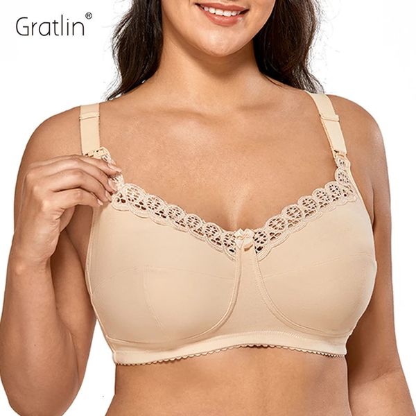 Gratlin sutiã de amamentação feminino plus size algodão wirefree macio maternidade com renda dd e f g copo 3442 44 48 240102