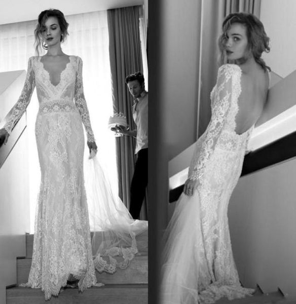 Abiti da sposa vintage Boho a sirena 2019 Abiti da sposa da spiaggia Lili Hod a maniche lunghe con scollo a V in pizzo pieno Backless Bohemian Bridal Gow8896082