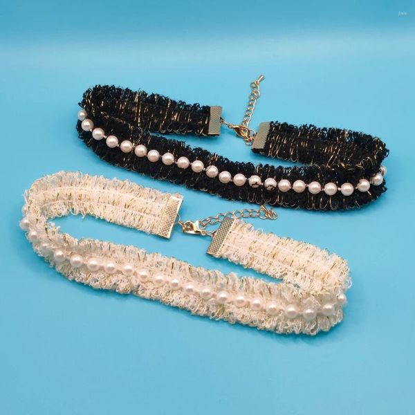 Gargantilha chique vintage pérolas gargantilhas colar para mulheres meninas elegante preto bege lã curto colares festa jóias acessórios
