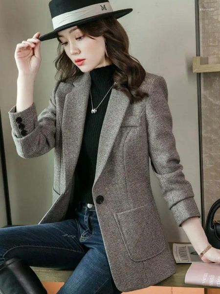 Ternos femininos outono inverno coreano mulheres cinza manga comprida blazer grosso jaqueta quente feminino temperamento marrom escritório senhora versátil terno tops