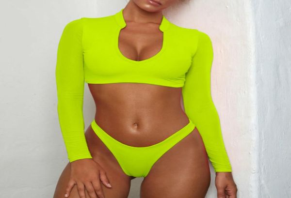 7 Farbe Mesh Langarm Neon Bikini Set Zweiteilige Badeanzüge Für Frauen Pad Bademode Weibliche 2019 Hohe Taille Rash Guard Beachwear9525130