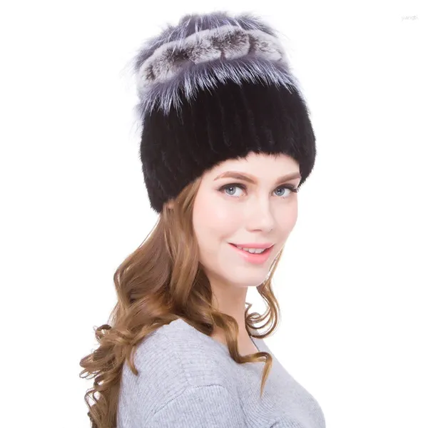 Berretti in visone Cappello da donna Calore invernale Protezione per le orecchie Vera pelle Peluche Pelliccia Erba Capelli versatili