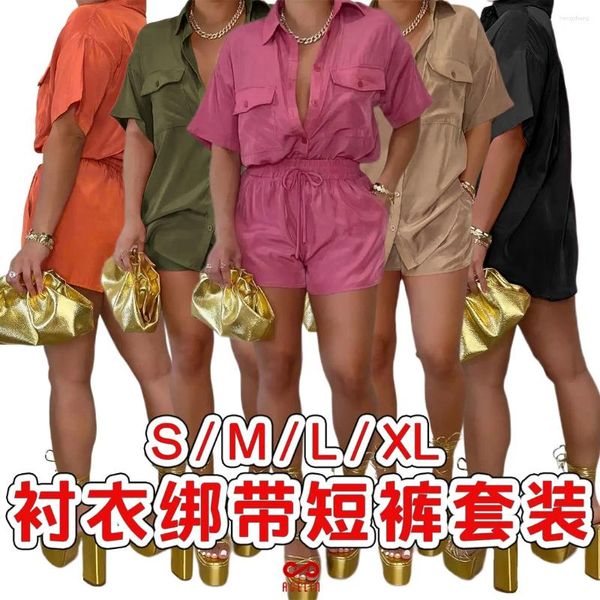 Frauen Trainingsanzüge Nachtclub Mode Casual Taste Tasche Hemd Bandage Hosen Set Einfarbig Lose Elastische Taille Shorts Zwei-stück