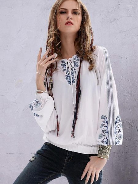 Damenblusen KHALEE YOSE Boho Vintage Blumenstickerei Bluse Hemd Weiß Sommer Frühling Mexikanische Frauen Spitze Krawatte Up Ethno Top