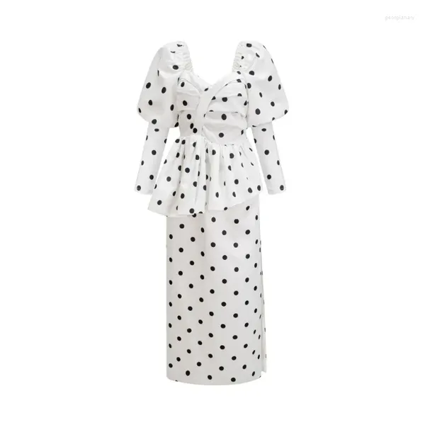 Freizeitkleider Damen Polka Dot Nischendesign Blasenärmel Kleid mit hoher Taille Modischer und eleganter Ball Slim Fit Abend