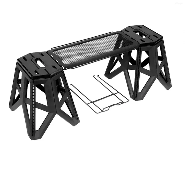 Móveis de acampamento mesa e fezes conjunto rack armazenamento metal malha desktop dobrável para churrasco viagem piquenique praia caminhadas