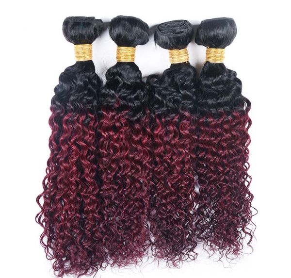 Kinky Curly 4 пучка T 1B 99J Ombre Темное вино Красный двухцветный цвет Дешевые бразильские девственные человеческие волосы Плетение 4 пучка Extension1158679