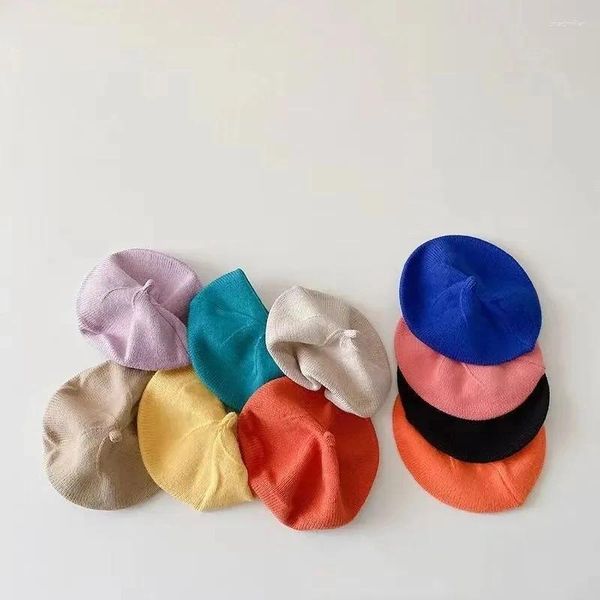 Berets bonito cor sólida gorros de malha temperamento outono inverno macio bebê meninos meninas crianças boné multi-colorido 6-12 m