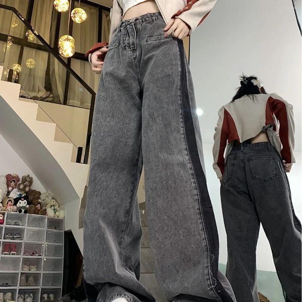 Jeans da donna Pantaloni larghi a gamba larga alla moda Pantaloni a gamba dritta sottili a vita alta Cuciture drappeggiate Pantaloni in denim con asciugatura