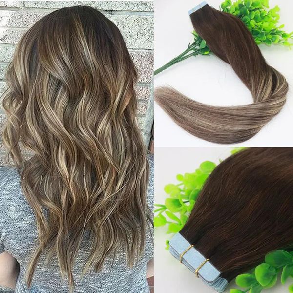 Tece colorido #3 #24 loira destaque ombre balayage extensões de cabelo virgem brasileiro 40pcs fita em extensões de cabelo humano trama de pele seaml