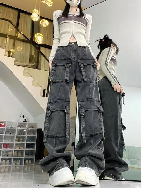 Jeans da donna Pantaloni cargo a gamba larga multitasche grigio scuro Pantaloni cargo larghi da donna 2024 Autunno Inverno Design lavato effetto consumato a vita alta