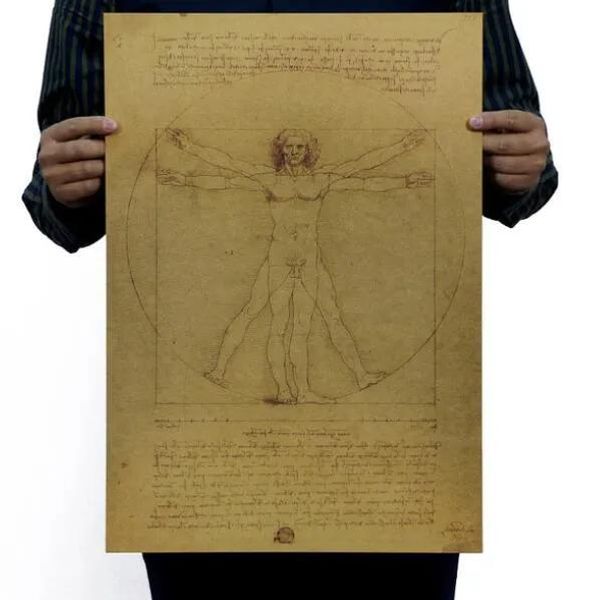 Artesanato leonardo da vinci manuscritos homem vitruviano vintage papel kraft filme cartaz decoração de casa decalques de parede arte diy retro decoração impressões