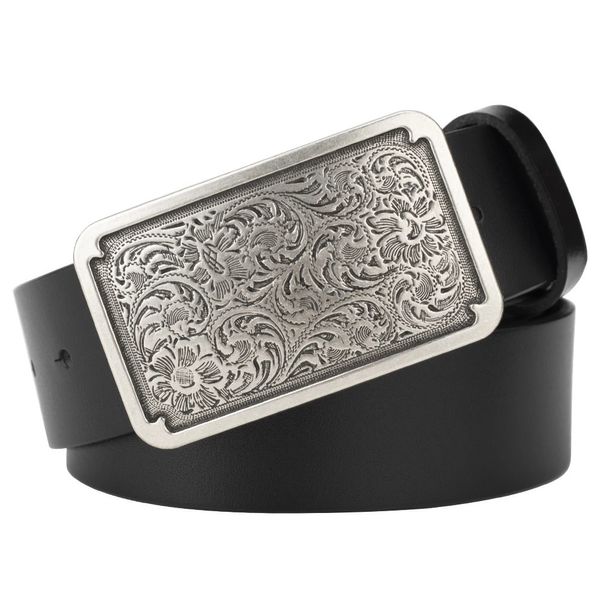 Cintura da uomo in pelle di mucca Retro Tang Grass Square placcato argento fibbia liscia gioventù decorativa per il tempo libero 240103