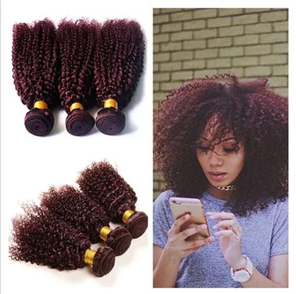 Wefts Kinky Curly Peruano Cabelo Humano Borgonha Extensões de Cabelo 99J Vinho Tinto Peruano Cabelo Humano Weave Bundles Kinky Curly 3 Pçs / Lote