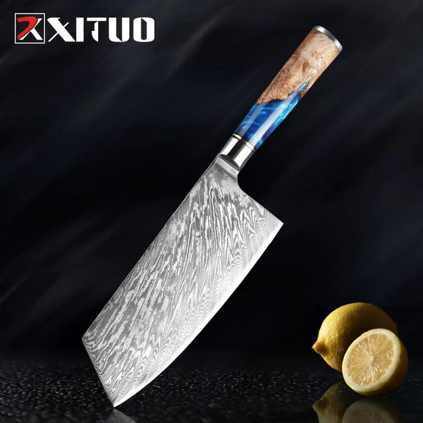 Coltelli XITUO 67 Strati Acciaio di Damasco giapponese VG10 Coltello da chef Mannaia Coltello da cucina Resina blu Colore Manico in legno Utensili da cucina domestici