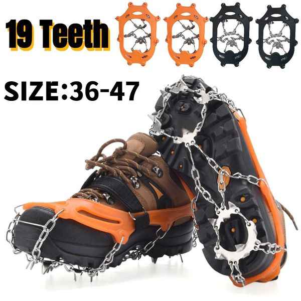 19 dentes escalada crampons anti-deslizamento empacotado crampons com apertos corrente pico anti-skid neve gelo escalada sapato caminhadas acessórios 240102