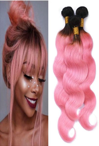 Capelli umani vergini brasiliani rosa ombre tesse l'onda del corpo 3 pezzi radice scura 1BPink 2 toni Ombre fasci di capelli umani vergini Remy Body Wav7896914