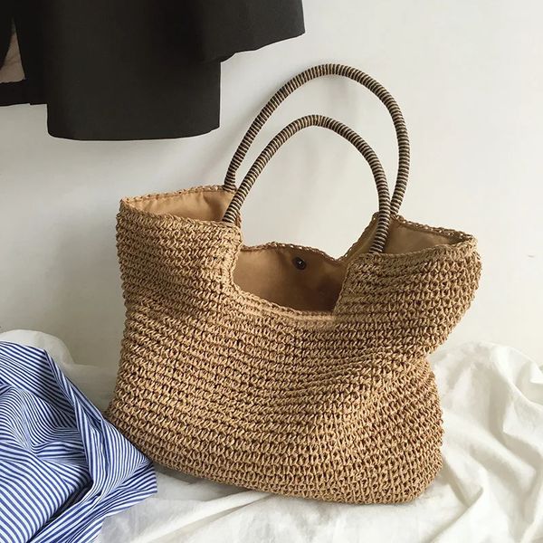 Kadınlar plaj vintage el yapımı dokuma omuz çantası Raffia rattan alışveriş çantaları bohem bayanlar yaz seyahat tatili gündelik 240102