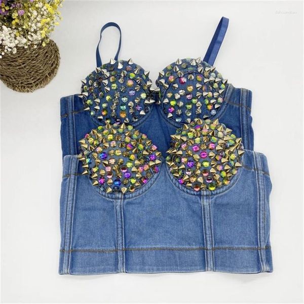 Tanques femininos originais rebite strass magro denim para mulheres camisola sexy sem costas recortado topo feminino bustier sutiã verão moda