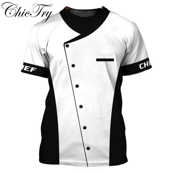 Mens Chef T Shirt Uniforme de Trabalho 3D Impresso Contraste Cor Restaurante Cozinha Workwear Manga Curta Food Service Top Costume 240102