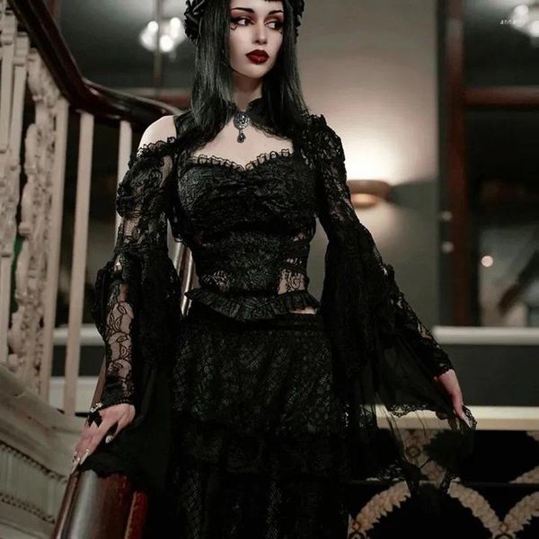 Giacche da donna Collo all'americana in pizzo nero con maniche svasate a diamanti Giacca corta vittoriana Steampunk Moda donna Abbigliamento gotico Vintage