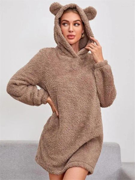 Suéteres femininos Mulheres Sherpa Fleece Sweater Fofo Com Capuz Urso Orelhas Kawaii Pulôver Plus Size 3XL Pijama De Pelúcia Midi Long Homewear Hoodies
