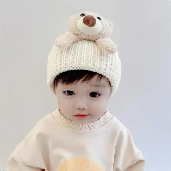 Береты с мультяшным медведем, детская шапка, милая осенне-зимняя теплая вязаная шапка, шапочки для малышей, корейская однотонная детская шапка-бини для мальчиков и девочек