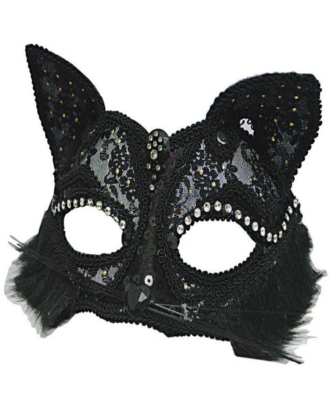Maschera per travestimento veneziano Women039s Maschera per occhi in pizzo di gatto fantasia nera sexy glitterata Maschera per occhi in pizzo di gatto di Halloween HJ1206841705
