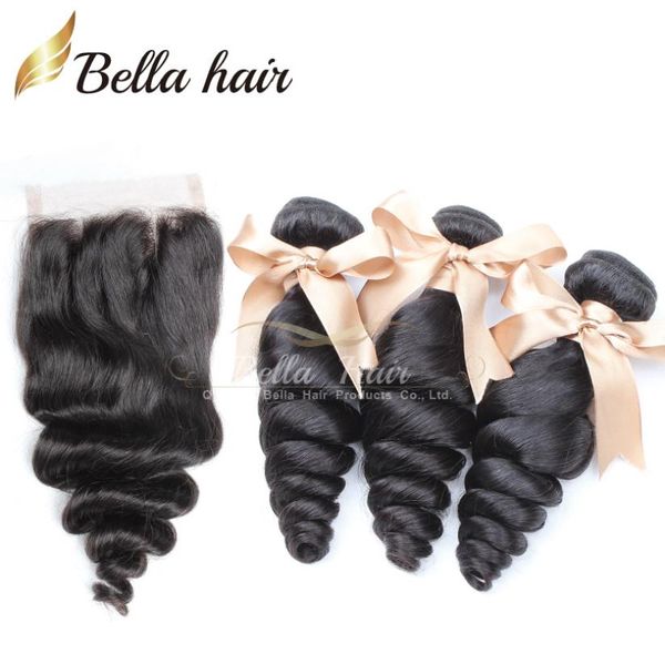 Bella Hair 8A Pacotes de Cabelo com Fechamento Extensões Brasileiras Trama Top Renda Preta Onda Solta Full Head2119231