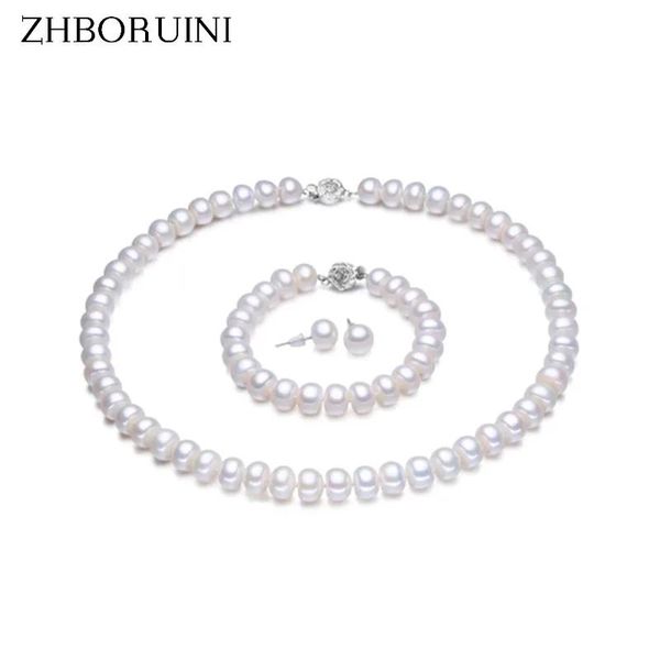 Bracciali Zhboruini Set di gioielli di perle 100% gioielli d'acqua dolce naturali Sterling Sier Collana di perle Orecchini Bracciale per le donne Regalo