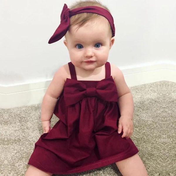 Elbiseler 2018 Yaz Kızlar Elbiseler Bebek Giysileri Toddler Kız Giyim Çocukları Sundress Bowknot Askı Kırmızı Kolsuz Yelek Elbise Kıyafet