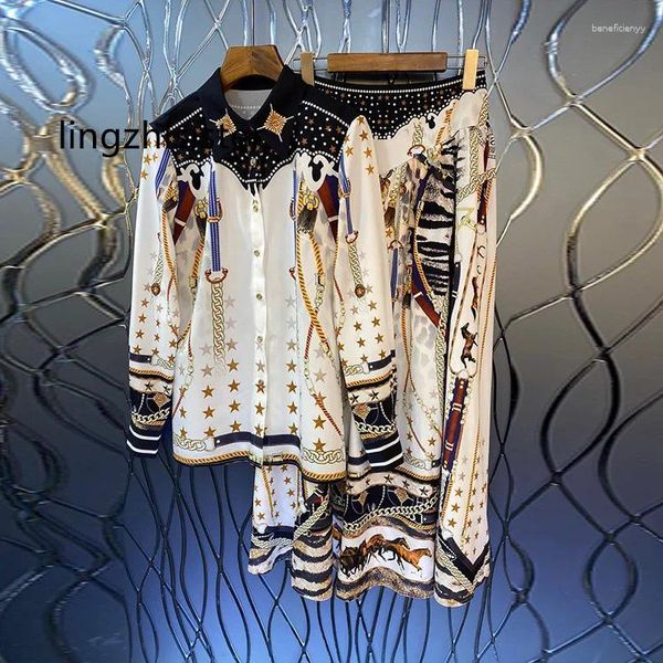 Arbeitskleider Frauen Print Rock Anzug 2024 Frühling Weibliche Zweiteilige Kleidung Vintage Kontrastfarbe Bluse Hohe Taille Langes Set Twin