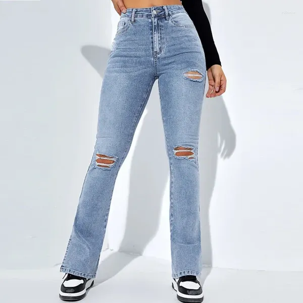 Jeans da donna con fessura per fidanzato con foro al ginocchio Pantaloni in denim elasticizzati a vita alta da donna azzurri