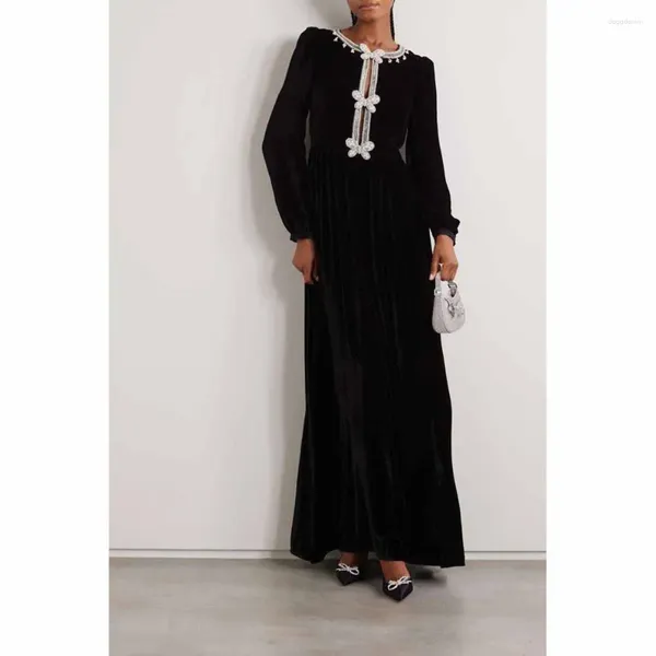 Abiti da festa KSDN Abito da sera in velluto nero Manica lunga Lunghezza pavimento Cristallo O-Collo Appliques Abito elegante da donna Abiti per eventi speciali