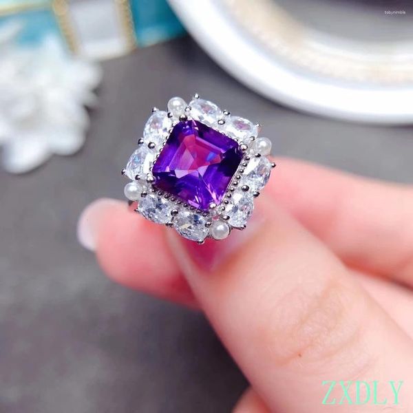 Cluster-Ringe, anmutiger lila Amethyst-Ring für Damen, Schmuck, 925er Sterlingsilber, natürlicher Edelstein, zertifiziert, gutes Geschenk, Geburtsstein