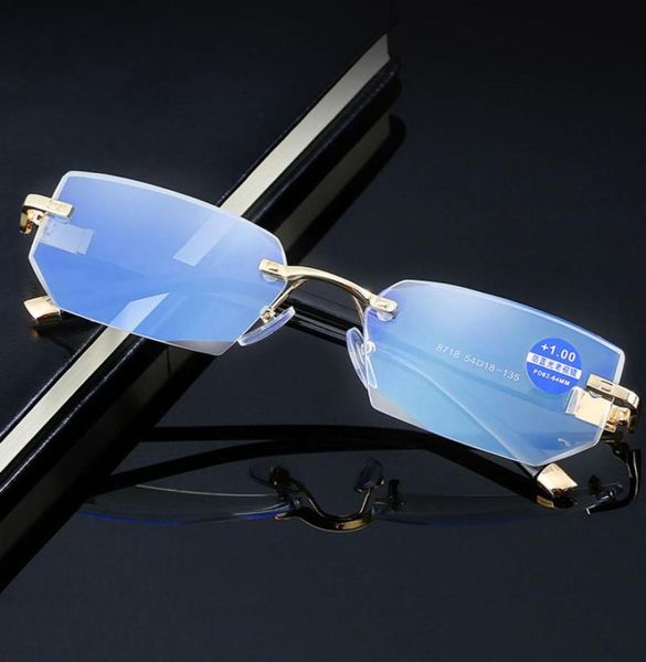 Óculos de leitura antiazul da moda, óculos para presbiopia, lentes de vidro, unissex, sem aro, armação de óculos, força 10 4585589