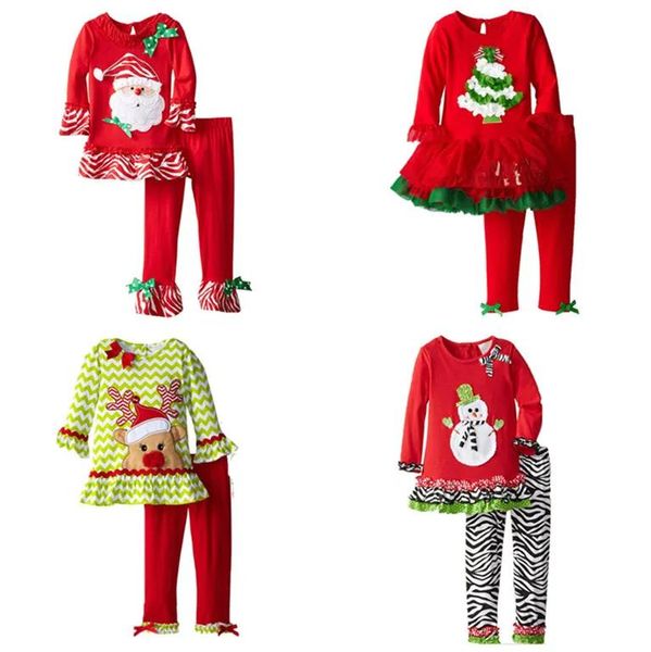 Sets Weihnachten Kleidung Baby Sanda Rentier Baum Muster Langarm T-shirt Kleid Und Hosen Zwei Stück Baby Mädchen Weihnachten Outfits set Mädchen