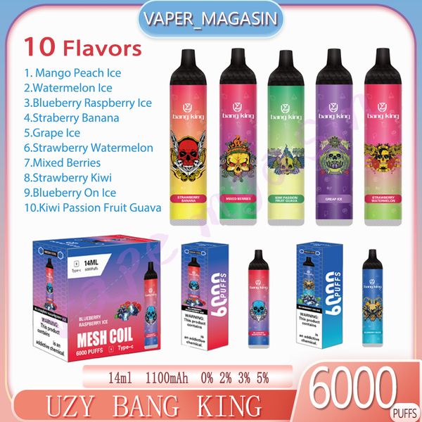 100% Original UZY BANG KING 6000 puffs E-cigarro descartável 14ml capacidade de óleo 6K Puffs 10 sabores 1100mAh bateria recarregável Vape Pen 0% 2% 3% 5% concentração