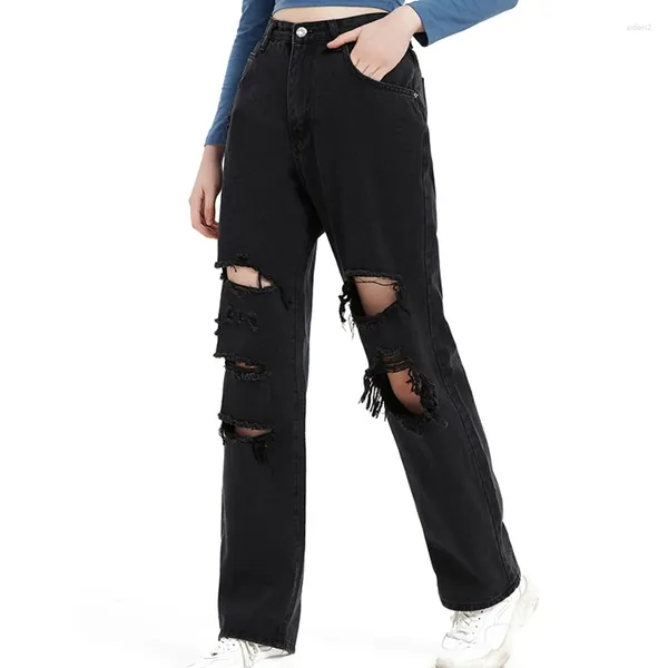 Jeans femininos 2024 estilo europeu beleza rasgado casual lavagem denim calças largas